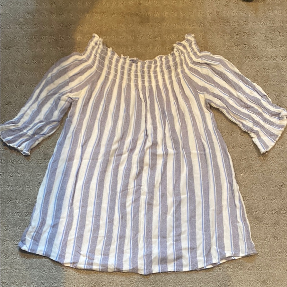MTS White and Gray Blouse with Puff Sleeves and Smocked Neckline